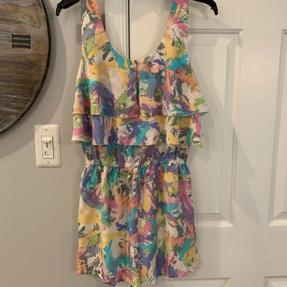 R19 Watercolor Silk Back Zip Romper sz S NEW